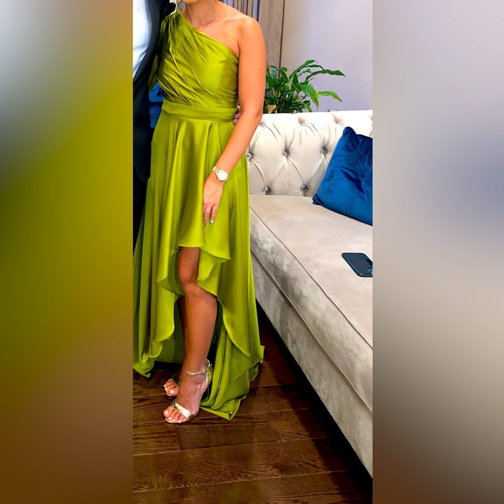 Macduggal hi-low gown in Chartreuse color